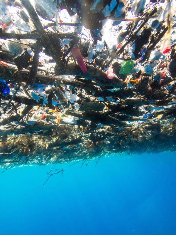 la superficie del mare coperta di rifiuti vista da sotto l'acqua